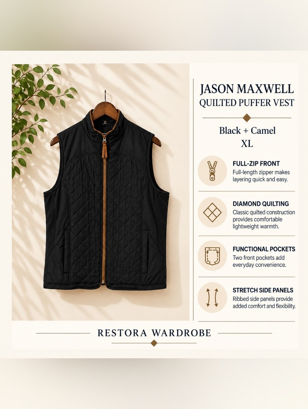 Jason Maxwell Quilted Puffer Vest Black Camel Trim XL Outdoor